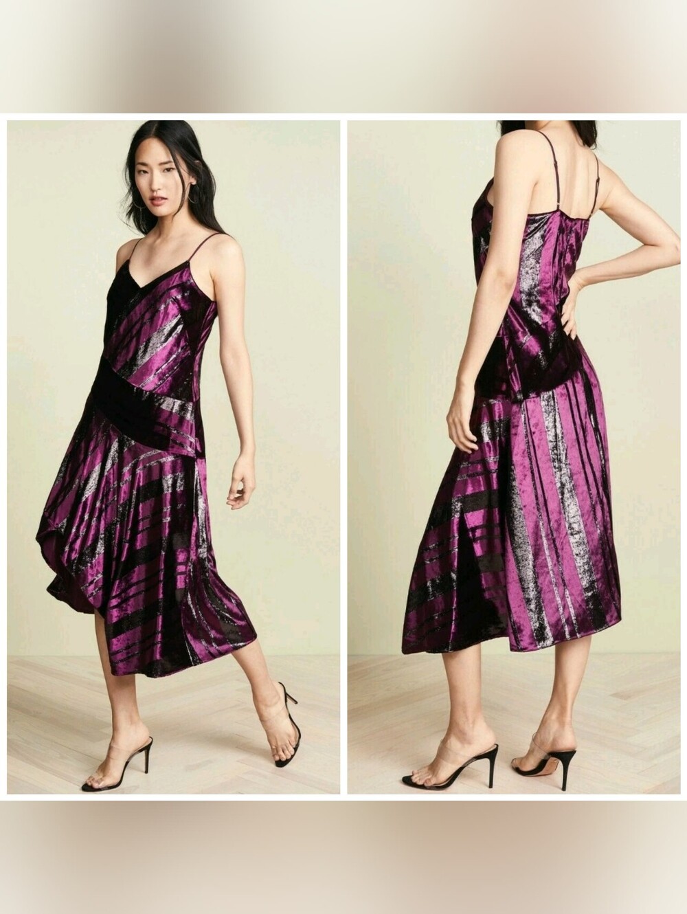 PARKER Selma Metallic Stripes Velvet Asymmetric Midi Dress, Size 6, Burgundy